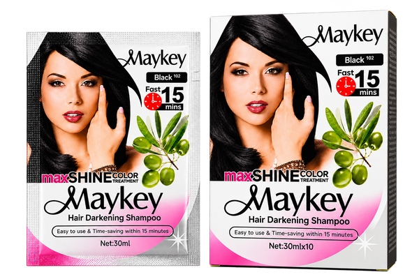 Maykey MaxSHINE Color Hair Darkening Shampoo Black 30ml shown side by side on a transparent background. The left package is a single-use sachet, and the right package is a ten-pack box.