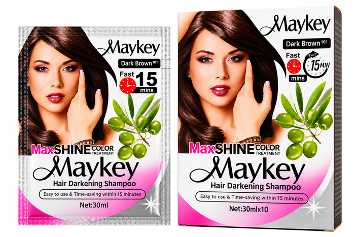 Maykey MaxSHINE Color Hair Darkening Shampoo Dark Brown 30ml shown side by side on a transparent background. The left package is a single-use sachet, and the right package is a ten-pack box.