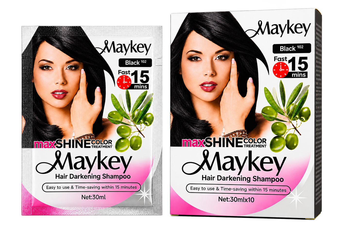 Maykey MaxSHINE Color Hair Darkening Shampoo Black 30ml shown side by side on a transparent background. The left package is a single-use sachet, and the right package is a ten-pack box.