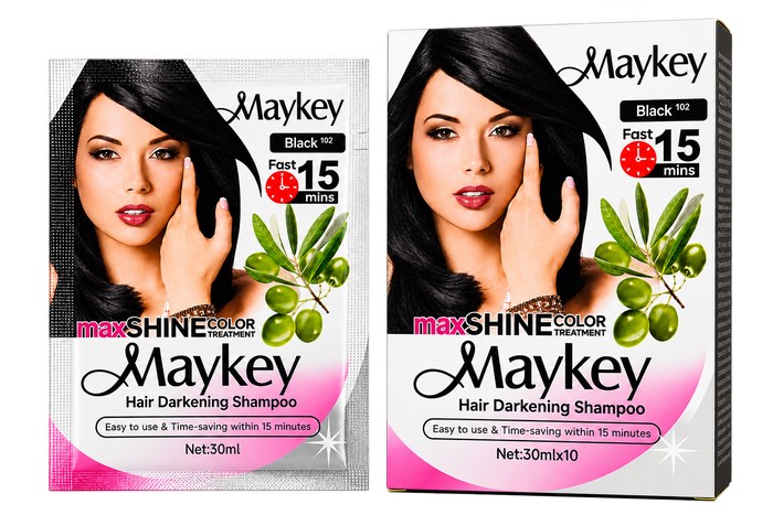 Maykey MaxSHINE Color Hair Darkening Shampoo Black 30ml shown side by side on a transparent background. The left package is a single-use sachet, and the right package is a ten-pack box.