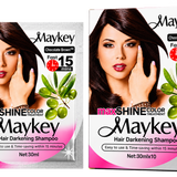 Maykey MaxSHINE Color Hair Darkening Shampoo Chocolate Brown 30ml shown side by side on a transparent background. The left package is a single-use sachet, and the right package is a ten-pack box.
