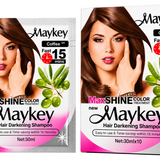 Maykey MaxSHINE Color Hair Darkening Shampoo Coffee 30ml shown side by side on a transparent background. The left package is a single-use sachet, and the right package is a ten-pack box.
