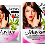 Maykey MaxSHINE Color Hair Darkening Shampoo Dark Brown 30ml shown side by side on a transparent background. The left package is a single-use sachet, and the right package is a ten-pack box.