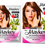 Maykey MaxSHINE Color Hair Darkening Shampoo Light Brown 30ml shown side by side on a transparent background. The left package is a single-use sachet, and the right package is a ten-pack box.