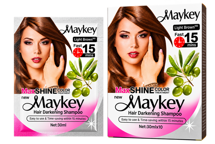 Maykey MaxSHINE Color Hair Darkening Shampoo Light Brown 30ml shown side by side on a transparent background. The left package is a single-use sachet, and the right package is a ten-pack box.
