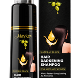 Maykey Hair Darkening Shampoo bottle and matching retail box.