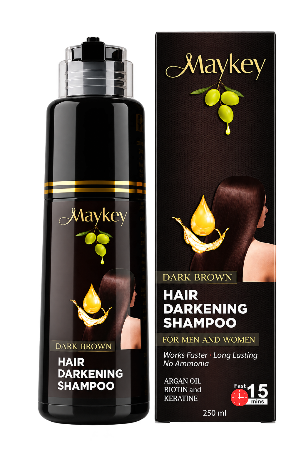 Maykey Dark Brown Hair Darkening Shampoo bottle next to its retail box, featuring a black design with gold lettering and olive branch graphics.