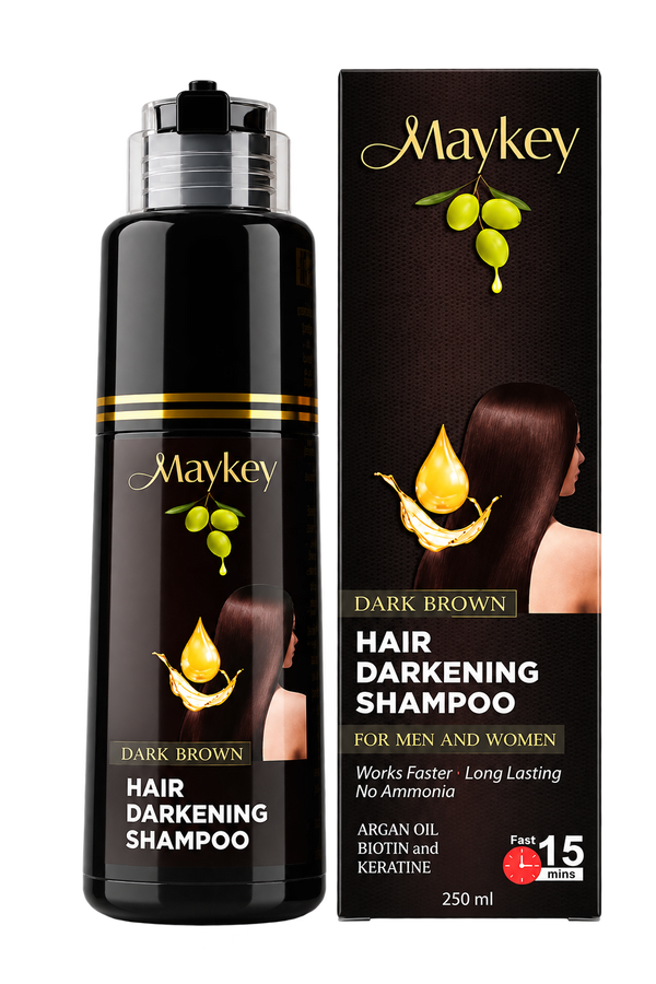 Maykey Dark Brown Hair Darkening Shampoo bottle next to its retail box, featuring a black design with gold lettering and olive branch graphics.