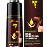 Maykey Light Brown Hair Darkening Shampoo bottle next to its retail box.