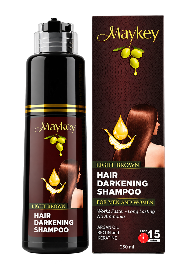 Maykey Light Brown Hair Darkening Shampoo bottle next to its retail box.